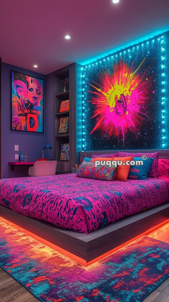 A brightly colored bedroom with neon-themed decor, featuring a bed with pink and blue patterned bedding, a large vibrant wall art above the headboard, illuminated by blue backlights, and a matching rug. The room includes a small desk with an abstract painting on the wall above it.