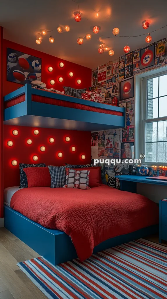 Colorful children's bedroom with red walls, blue bunk beds, and comic book-themed decor. String lights and embedded wall lights enhance the playful ambiance.