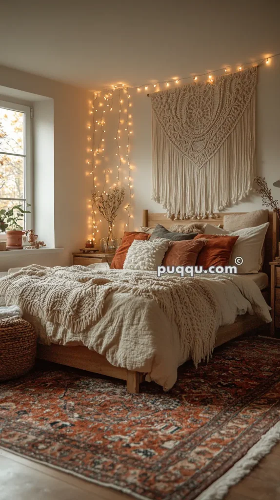 Cozy bedroom with bohemian decor, featuring a bed with beige and rust-colored pillows and a knitted throw blanket, a macramé wall hanging, string lights, potted plants on the window sill, and a patterned rug on the floor.