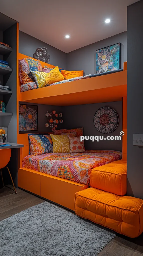 Modern bedroom with bright orange bunk beds and colorful bedding, featuring a small desk and chair on the left, floating shelves, and decorative wall art.