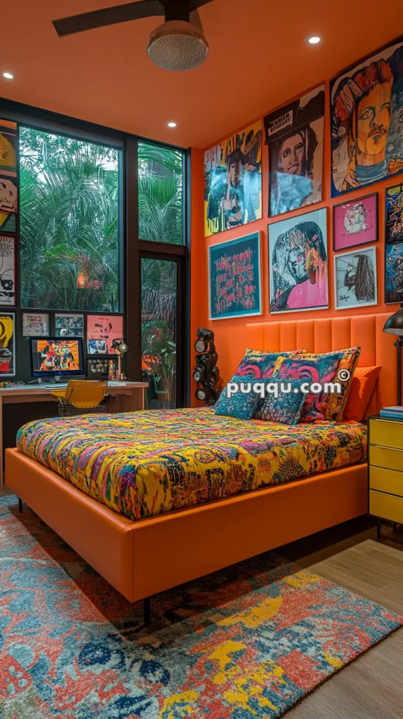 Colorful bedroom with orange walls and ceiling, eclectic wall art, a vibrant multicolored bedspread and pillows, large windows revealing greenery outside, and a work desk with a computer and lamp.