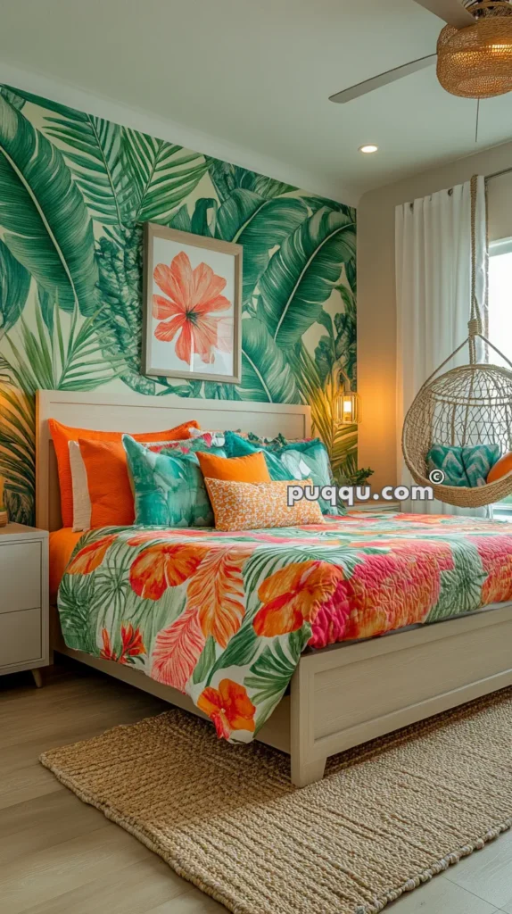 Tropical-themed bedroom with green leaf wallpaper, a framed artwork of an orange flower, colorful bedding with floral patterns, and a woven hanging chair.