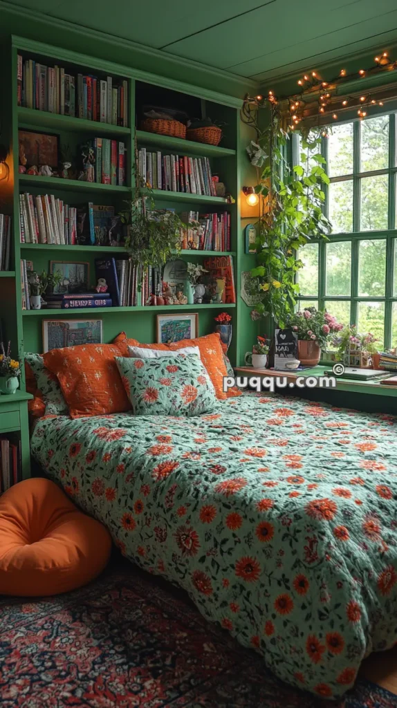 Cozy bedroom with green walls and ceiling, large window with plants, bookshelf filled with books and decorations, orange and green floral bedding, orange bean bag, and warm string lights.