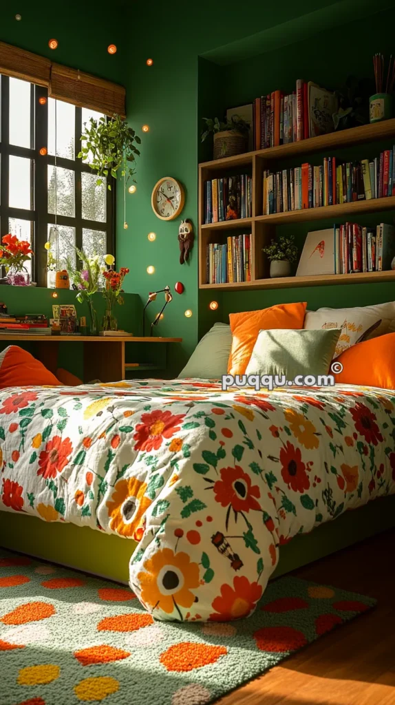 Cozy bedroom with green walls, floral quilt covers, colorful cushions, a wooden bookcase filled with books, a desk with flowers, and warm lighting.