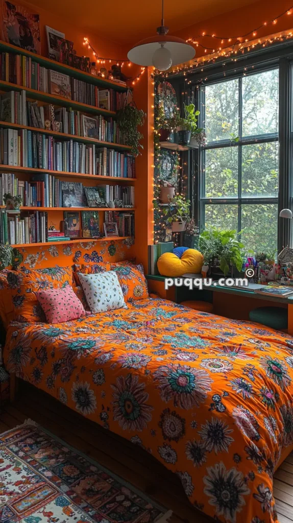 Cozy bedroom with bright orange walls, a bed with a vibrant floral-patterned bedspread, bookshelves filled with books, string lights, and a large window adorned with potted plants.