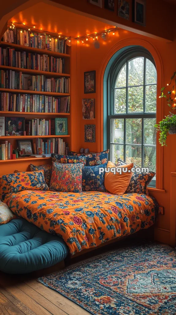 Cozy reading nook with a vibrant orange floral bedding, surrounded by bookshelves filled with books, a large arched window, string lights, and an array of colorful cushions.