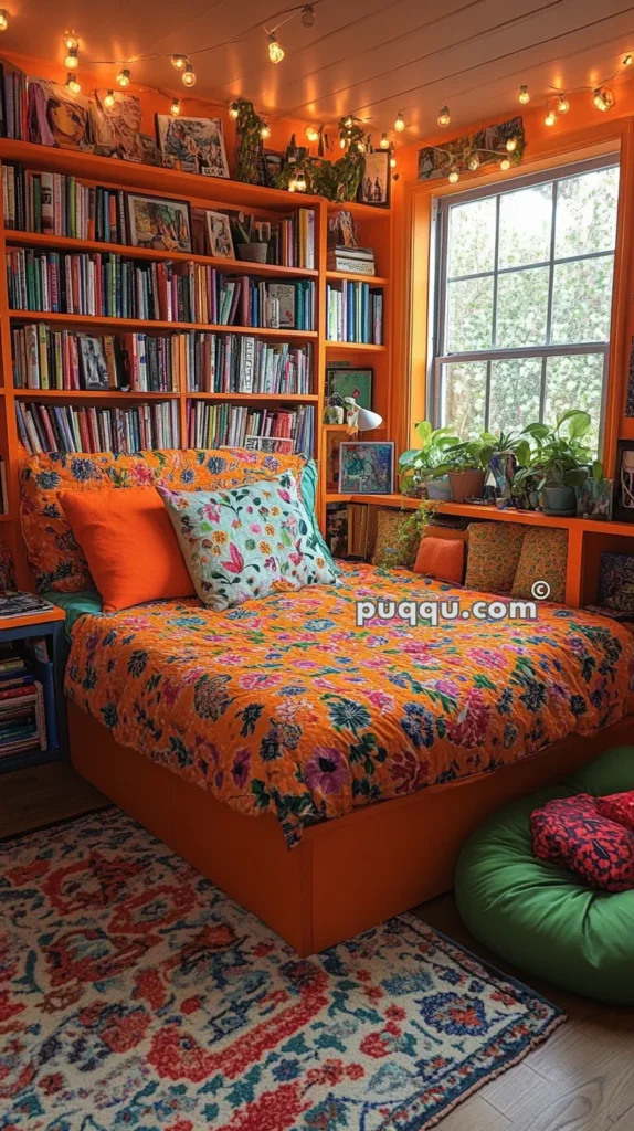 Cozy reading nook with an orange bed dressed in a colorful floral bedspread, surrounded by bookshelves filled with various books and decorated with string lights and plants.