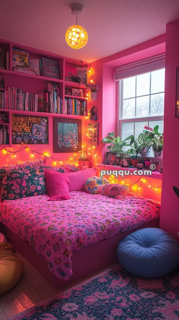 Cozy bedroom with pink walls, a pink bedspread and pillows, bookshelves, warm string lights, houseplants on the windowsill, art on the walls, and a round yellow pendant light.