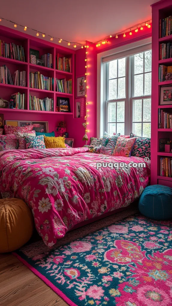 A cozy bedroom with bright pink walls, bookshelves filled with books, a large window with white trim, and a bed covered with a vibrant floral comforter and multiple patterned pillows. String lights adorn the room, adding a warm, inviting glow. A colorful rug and poufs complement the vibrant decor.