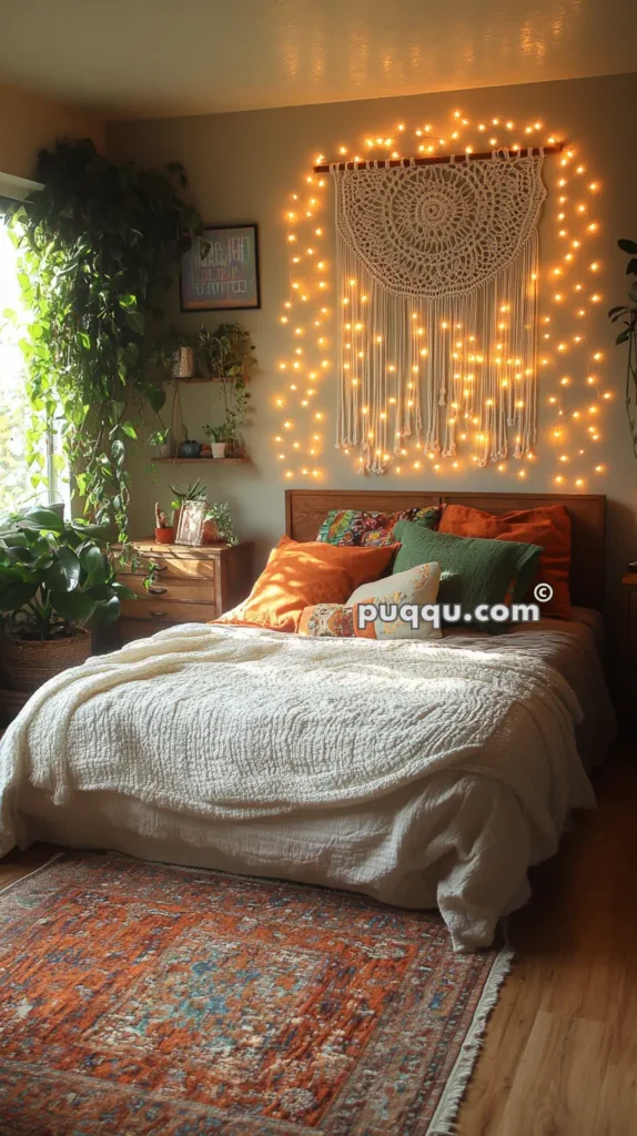 Cozy bedroom interior with a macramé wall hanging and string lights above a wooden bed adorned with colorful pillows and a beige comforter; surrounded by green plants, wooden side tables, a colorful rug, and a bright window.