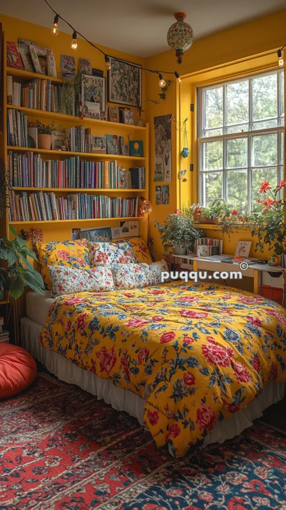 A cozy bedroom with vibrant yellow walls, bookshelves filled with books and decorations, a floral-patterned bedding set, potted plants by the window, and string lights hanging from the ceiling.