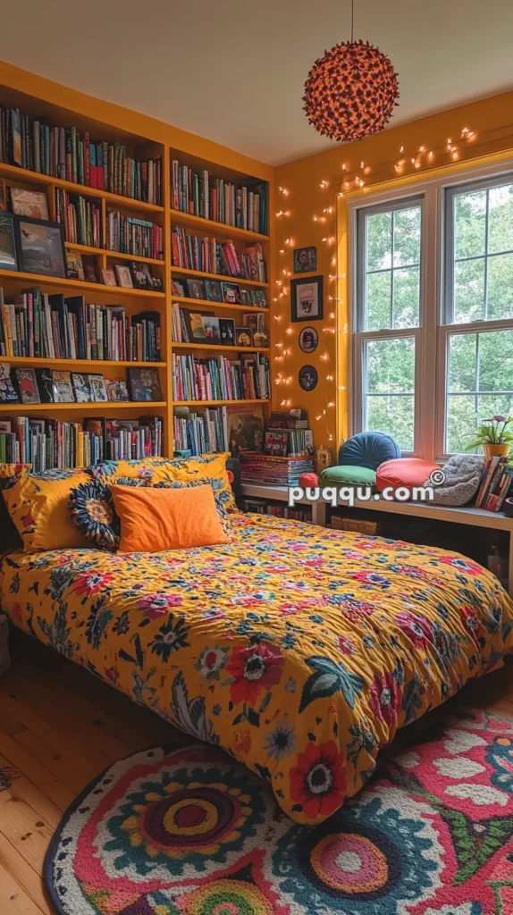 Cozy bedroom with yellow walls, fairy lights, and a large bookshelf filled with books. A bed with vibrant floral bedding and colorful cushions is next to a window with more cushions and a small table. A round rug with a floral design is on the wooden floor.