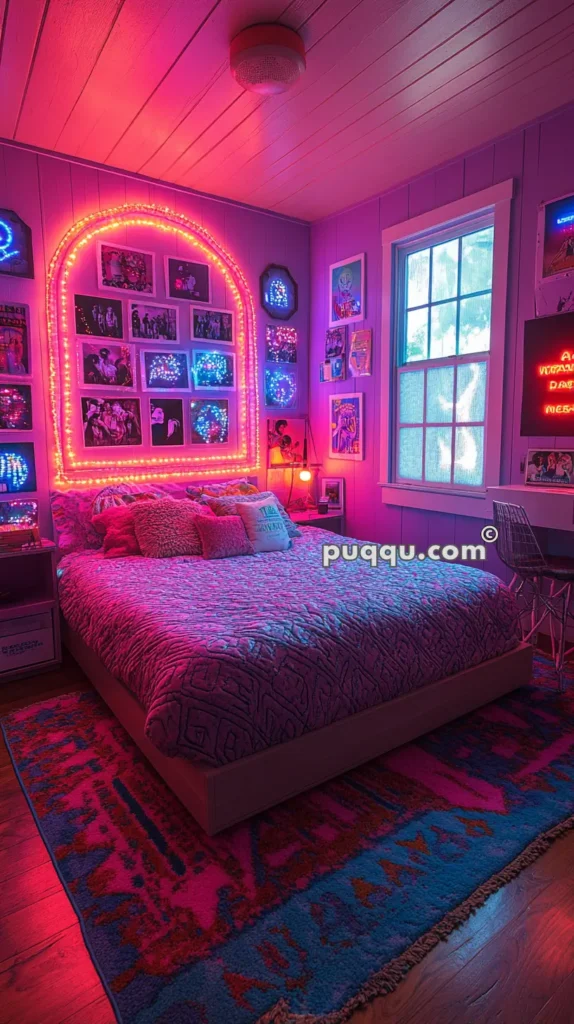 A bedroom lit with colorful neon lighting, featuring a bed with patterned bedding and multiple pillows, surrounded by framed pictures on the walls. A large window lets in natural light, and a vibrant rug covers the wooden floor.