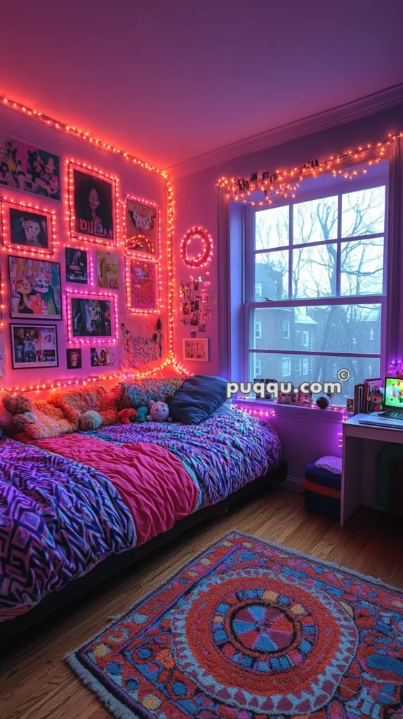 Colorful bedroom with purple and pink neon lights, a bed with vibrant blankets, plush toys, wall decorations, a window with a view, and a colorful rug on the floor.