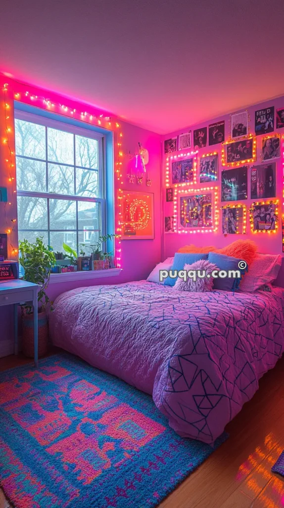 A cozy bedroom illuminated with pink and orange neon lights, featuring a bed with a pink geometric-patterned duvet, a colorful rug, and walls adorned with posters and more neon lights. A window with potted plants and a small desk is visible.