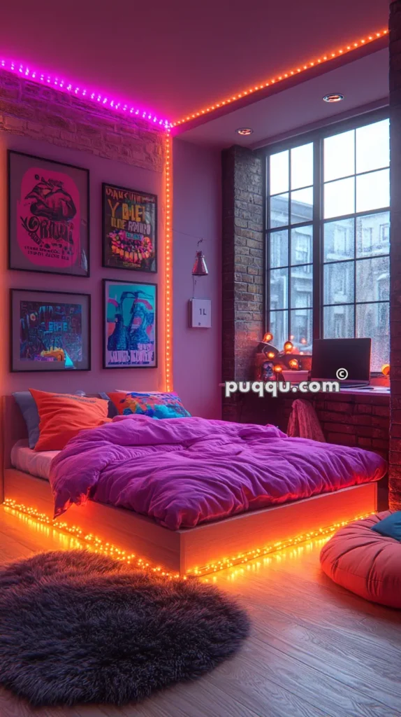 Cozy bedroom with LED lights on the ceiling and bed frame, vibrant posters on the brick wall, a large window with a view, and colorful bedding.