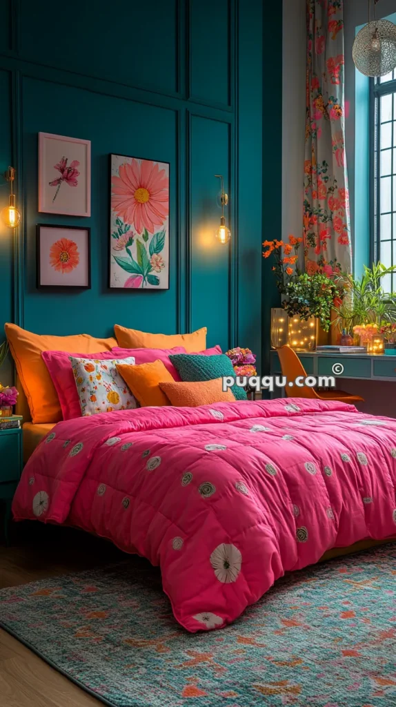 A vibrant bedroom with teal walls, a bed with pink and orange bedding, floral artwork, floral curtains, and indoor plants.