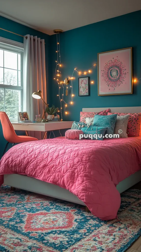 A bedroom with teal walls, a pink quilted bedspread, multiple decorative pillows, a white desk with a gold lamp, an orange chair, a window with white curtains, wall art, and string lights.