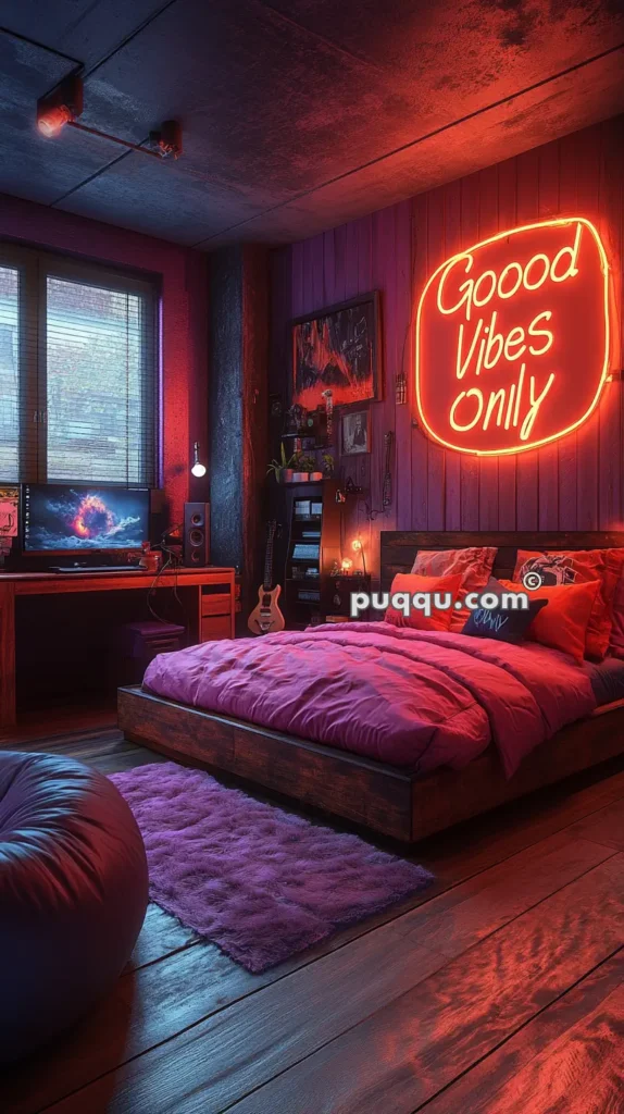 Cozy bedroom with a wooden floor, a bed with pink bedding, a neon sign on the wall that reads "Good Vibes Only," a computer desk, and a purple bean bag chair and rug.