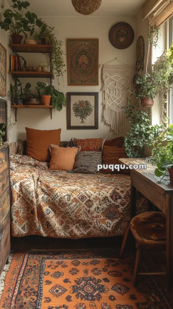 Cozy, bohemian-style room with a patterned bed, earth-toned pillows, an orange rug, wooden furniture, various green plants, and eclectic wall art.