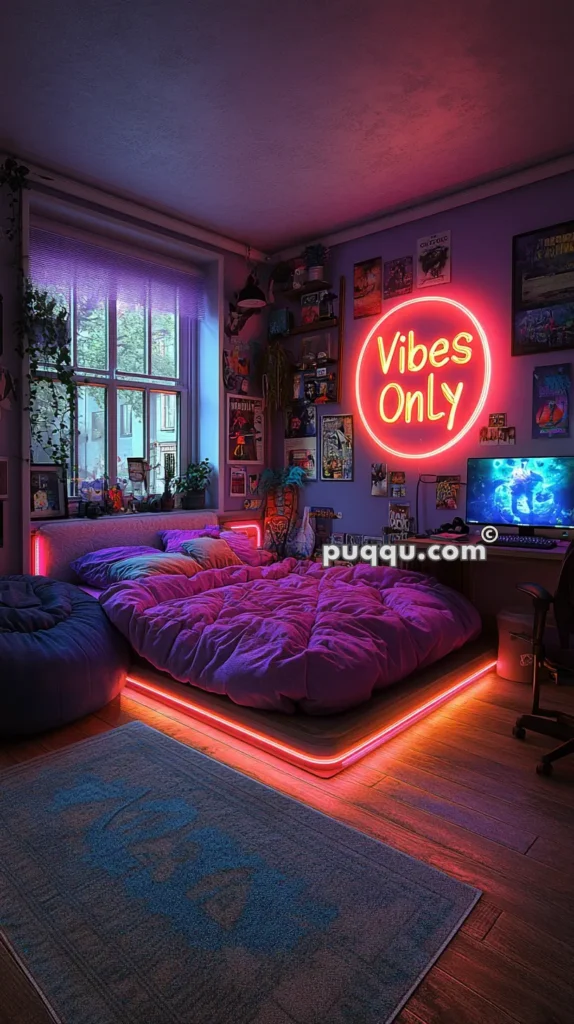 A cozy bedroom with a large bed, illuminated by neon lights and a sign reading "Vibes Only." The room features posters on the walls, a computer setup on a desk, plants by the window, and various décor items, creating a vibrant and welcoming atmosphere.