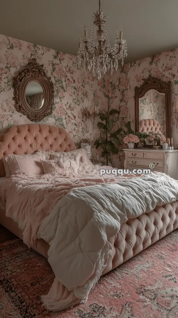 Vintage bedroom with floral wallpaper, tufted headboard, ornate mirror, chandelier, and a dresser with decorative items.