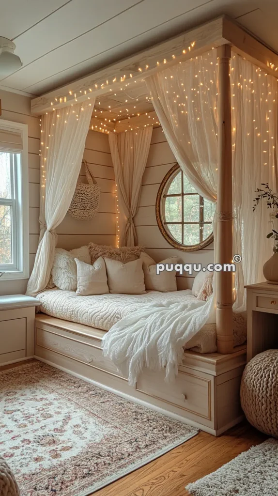 Cozy bed with sheer canopy curtains, fairy lights, and plush pillows in a small, bright room with wood paneling and a round window.