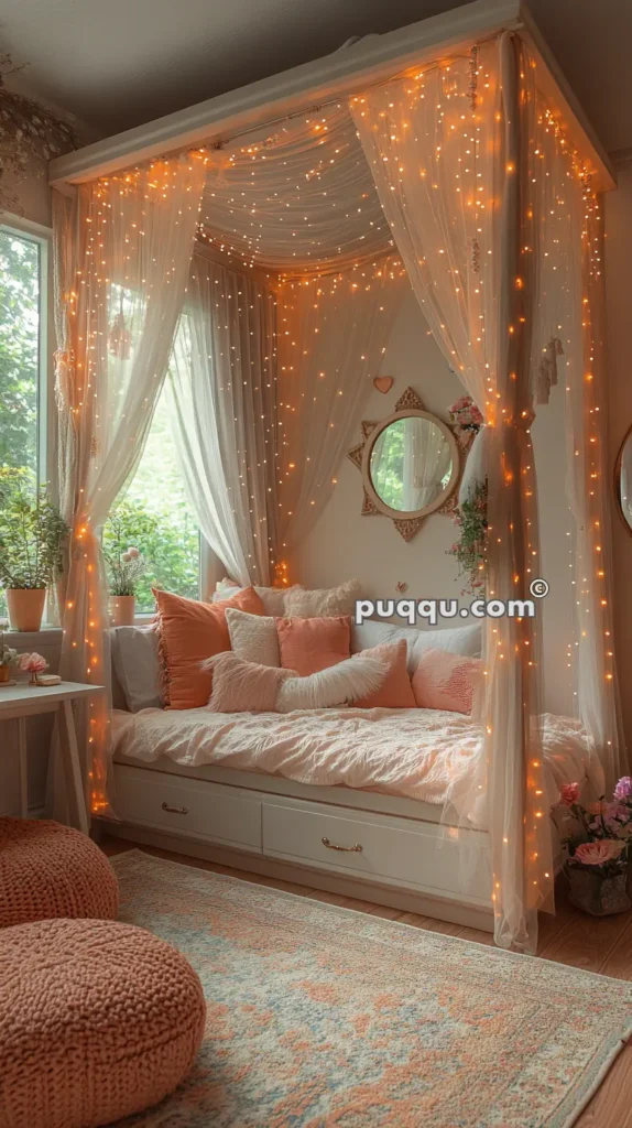 Cozy canopy bed with white curtains adorned with fairy lights, surrounded by soft pillows, plants, and decor in a softly lit bedroom.