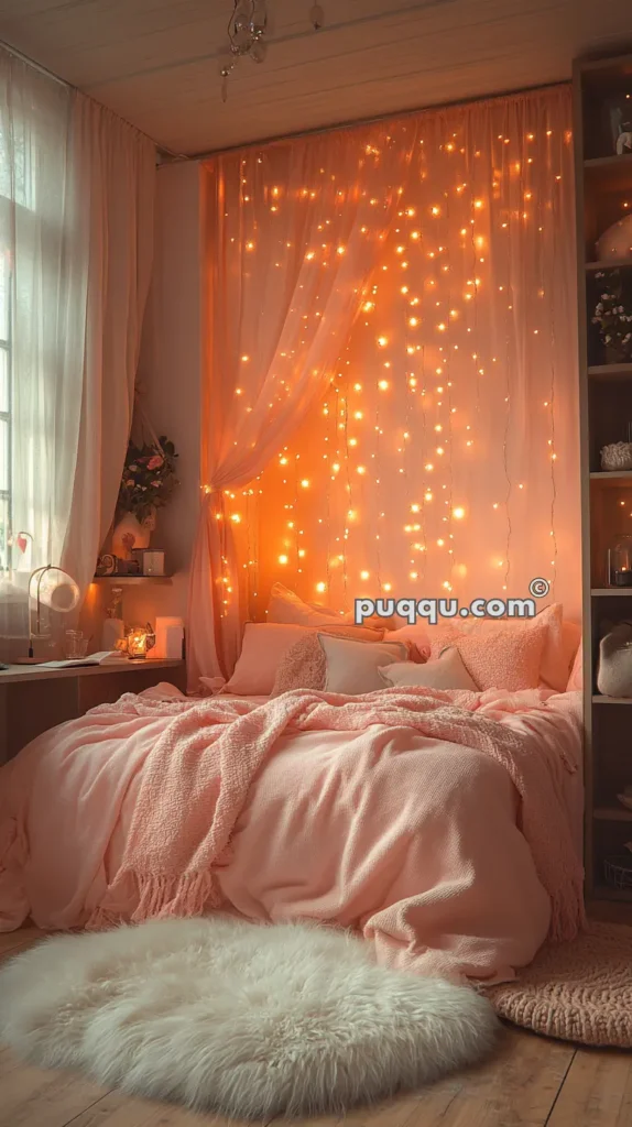 Cozy bedroom with a pink bedspread, sheer curtains, string lights, and a fluffy white rug on the wooden floor.