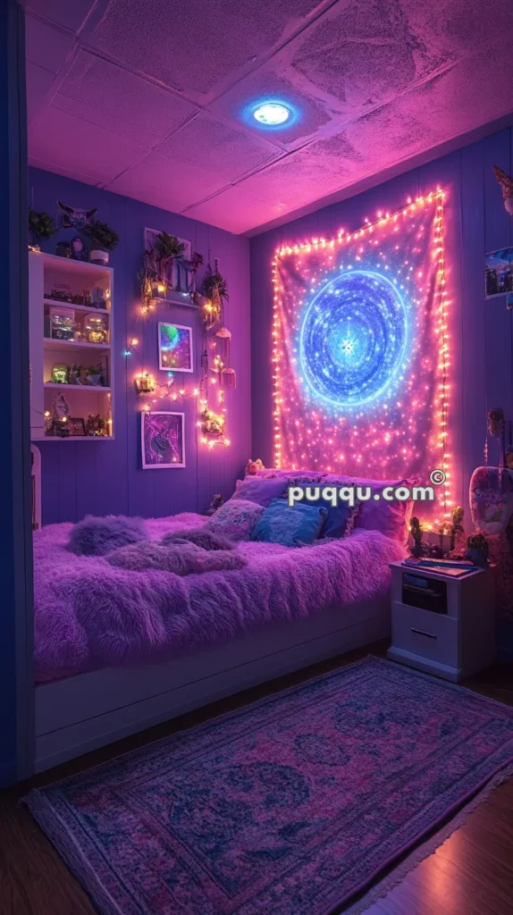 A cozy bedroom with vibrant purple lighting, featuring a bed with fluffy blankets and multiple colorful pillows. A glowing tapestry with a blue circular pattern hangs on the wall, surrounded by string lights. The room is decorated with plants, shelves, and framed artwork, creating a whimsical, dreamy atmosphere.