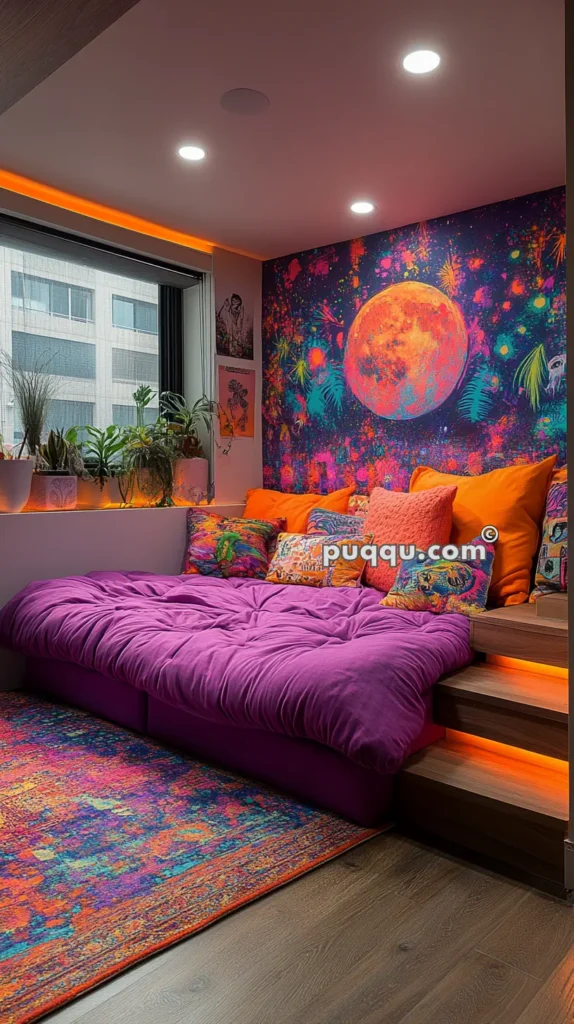 Colorful room with a purple bed, vibrant pillows, a neon space-themed wall mural, and orange LED lighting. Near the window are various potted plants and framed artworks.