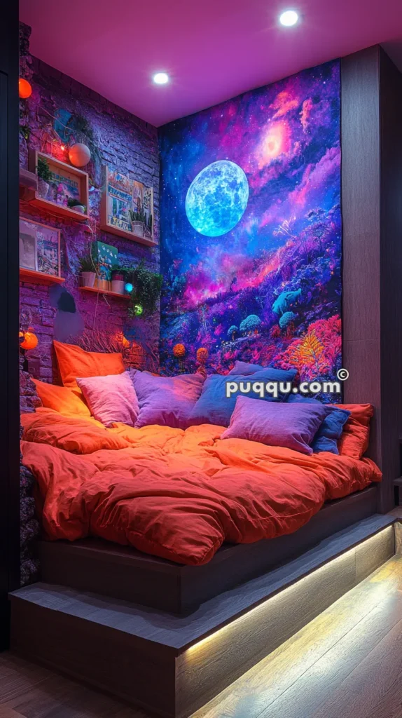 Bedroom with a platform bed adorned with orange and purple bedding, featuring a vibrant wall mural of an outer space scene with a large moon and colorful nebulae.