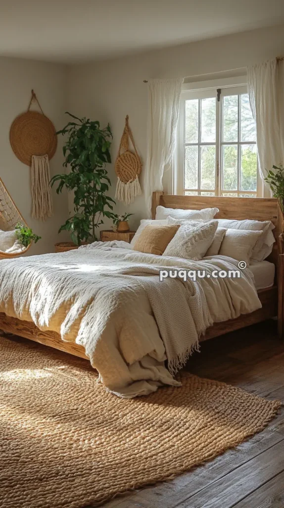 A cozy bedroom with a large bed covered in white and beige linens, natural light coming through the windows, and decorated with indoor plants and woven wall hangings. A jute rug is placed on the wooden floor.