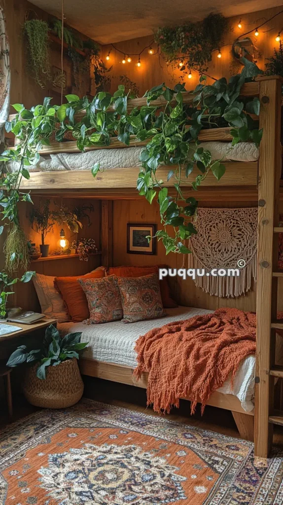 Cozy bedroom with a wooden bunk bed adorned with green leafy plants and warm string lights, featuring patterned cushions, a textured orange throw, macramé wall decor, and a patterned orange rug.