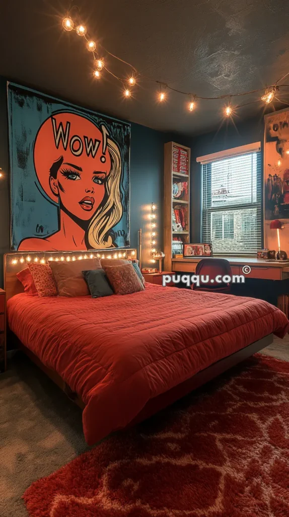 Bedroom with dark blue walls, featuring a large pop art style poster above the bed with the word "Wow!" decorated with string lights. The room has a red bedspread, multiple pillows, a red chair, and a red patterned rug.