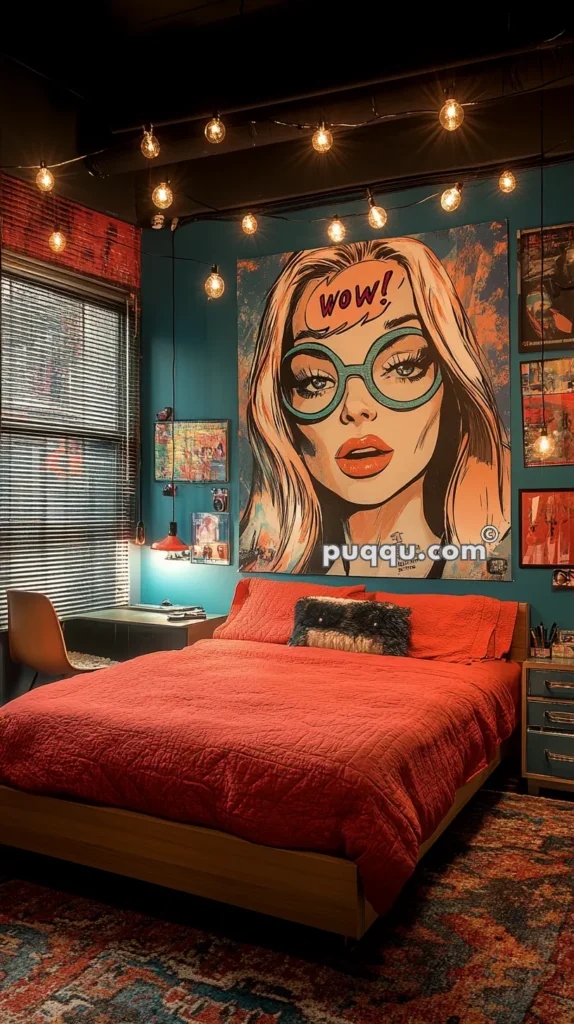 Bedroom with teal walls, a large pop art mural featuring a woman with glasses, a red bedspread, hanging string lights, and various decorative art pieces on the walls.