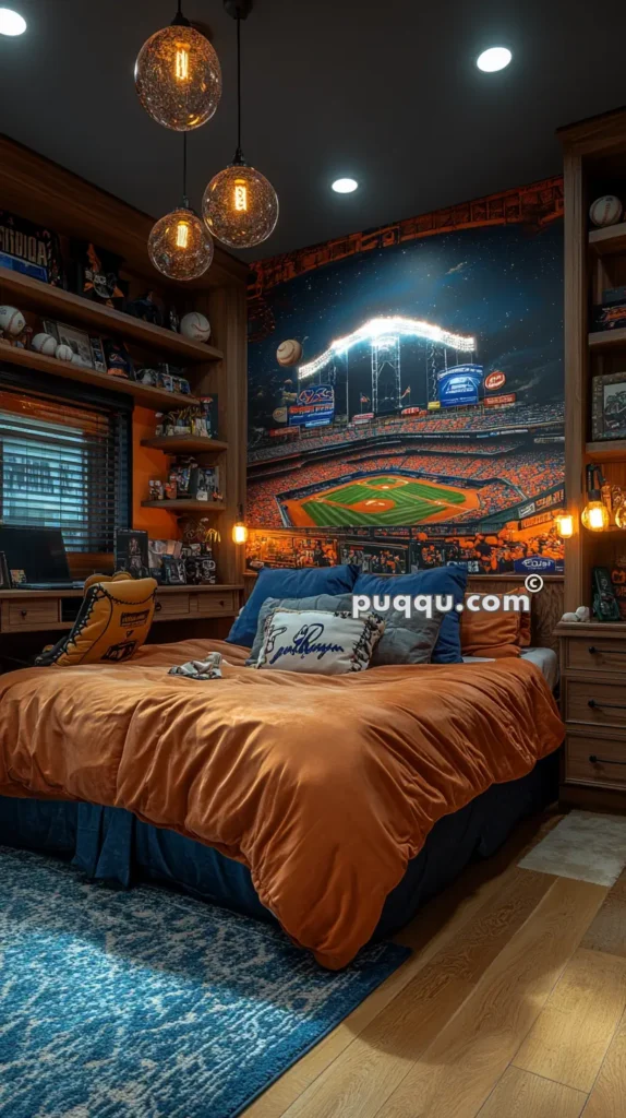 A bedroom with a sports theme, featuring an orange bedspread, blue pillows, and a large wall mural of a baseball stadium. The room has multiple shelves displaying sports memorabilia, including baseballs and caps. Three pendant lights with exposed bulbs hang from the ceiling, and a blue patterned rug is on the wooden floor.