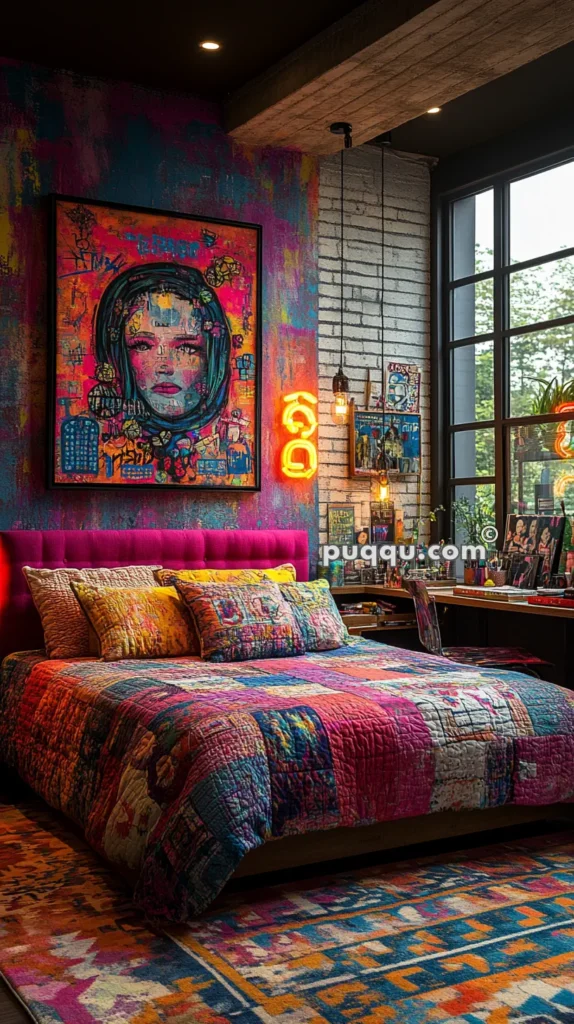 Colorful bedroom with a modern design, featuring a vibrant quilted bedspread and pillows in multiple colors. The room has a large, framed abstract portrait on the wall, brick accents, and a neon light decoration. A large window provides natural light, illuminating the eclectic decor and artwork around the room.