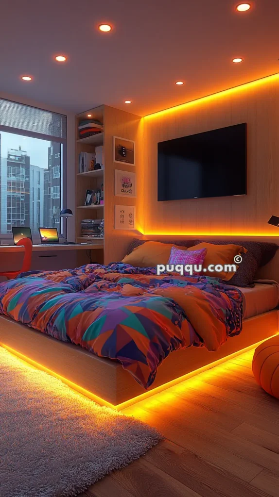 Modern bedroom with a large bed, vibrant geometric-patterned bedding, ambient orange LED lighting around the bed and walls, a mounted TV, a workstation with two laptops, shelves with books and decor, and a window overlooking city buildings.