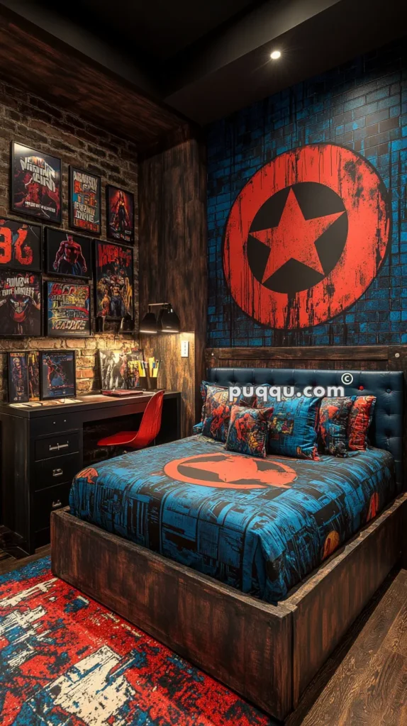 Cozy bedroom with a superhero theme, featuring a bed with blue and red bedding displaying a red star emblem, walls adorned with comic book posters, a black desk with a red chair, and a colorful red and blue rug.