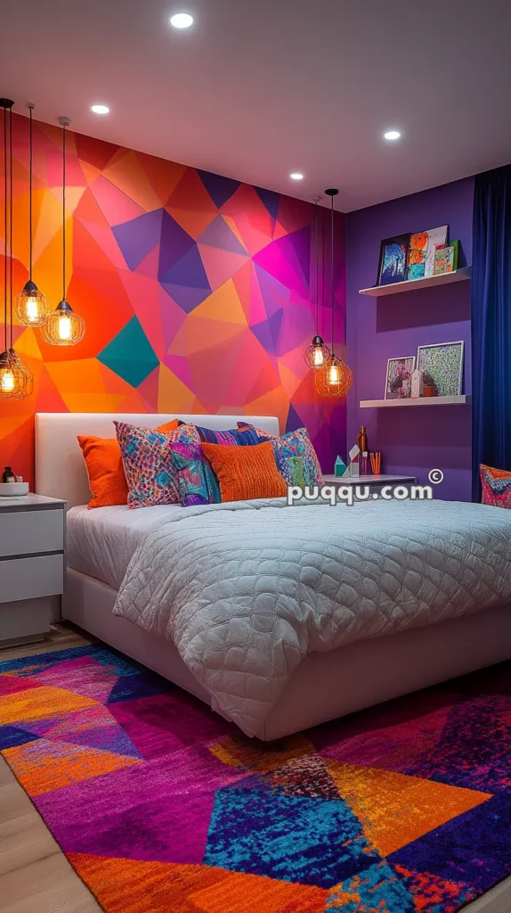 Colorful bedroom with a geometric-patterned accent wall in shades of orange, pink, and purple, a white bed with vibrant cushions, hanging pendant lights, and a multi-colored rug.