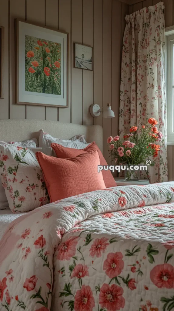 Cozy bedroom with floral-themed beddings, orange pillow, framed flower artwork, and window with floral curtains.