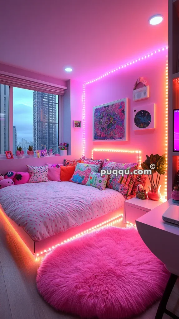 A modern bedroom with pink lighting, a large bed adorned with colorful cushions, and a pink fluffy rug in the foreground. The walls are decorated with artwork, and there are windows offering a city view.