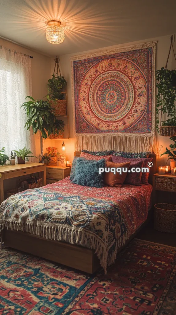 Bohemian-style bedroom with a colorful tapestry hanging above the bed, vibrant bedding, numerous plants, a wooden nightstand with candles, and a woven ceiling light fixture.