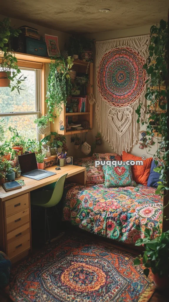 Cozy bedroom with a wooden desk, laptop, and green chair, surrounded by numerous potted plants. The bed is covered with a colorful quilt, and a large macramé wall hanging decorates the wall. A window lets in natural light, illuminating the bohemian-styled room.