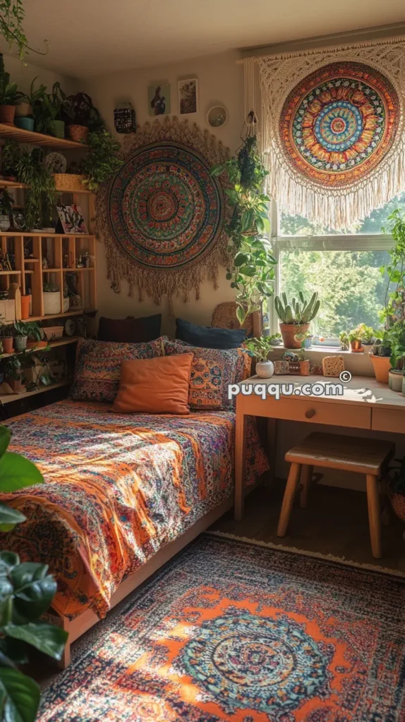 A cozy bohemian-style bedroom with a colorful bedspread, mandala wall hangings, numerous potted plants, and a wooden desk by the window.