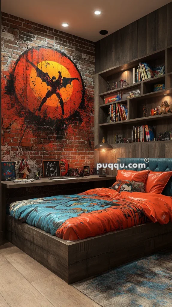 A bedroom featuring a superhero-themed design with a mural of a superhero against a large red circle on a brick wall, shelves filled with books and action figures, and a bed with matching superhero-themed bedding.