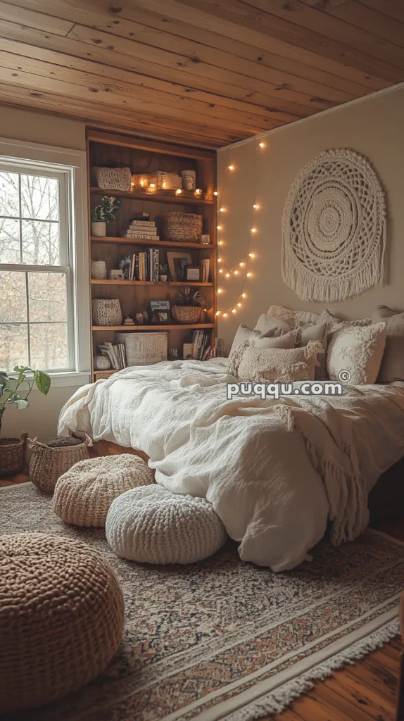 Cozy bedroom with a wooden ceiling, a bed with white bedding, a macramé wall hanging, string lights, woven poufs, a bookshelf filled with books and wicker baskets, a window, and a potted plant.