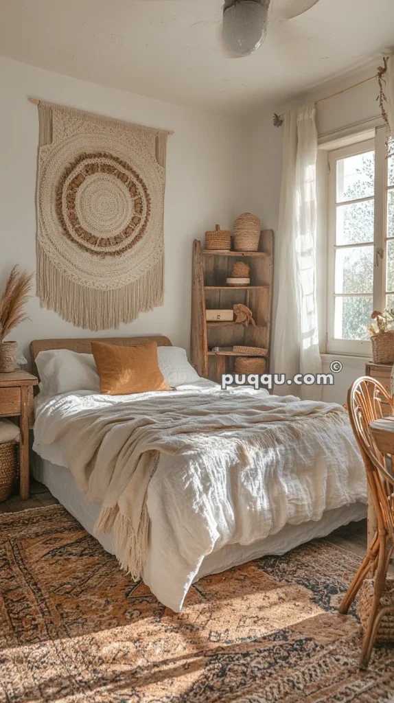 Cozy bedroom with a rustic and bohemian decor, featuring a bed with white linens and a mustard-colored cushion, a woven wall hanging, wooden bookcase, wicker baskets, and a large window with sheer curtains.