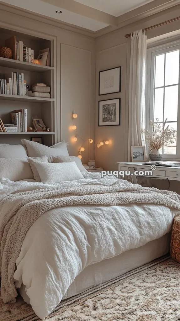 Cozy bedroom with white bedding, a knitted throw, decorated shelves, framed pictures, fairy lights, a small desk, and a window with light curtains.